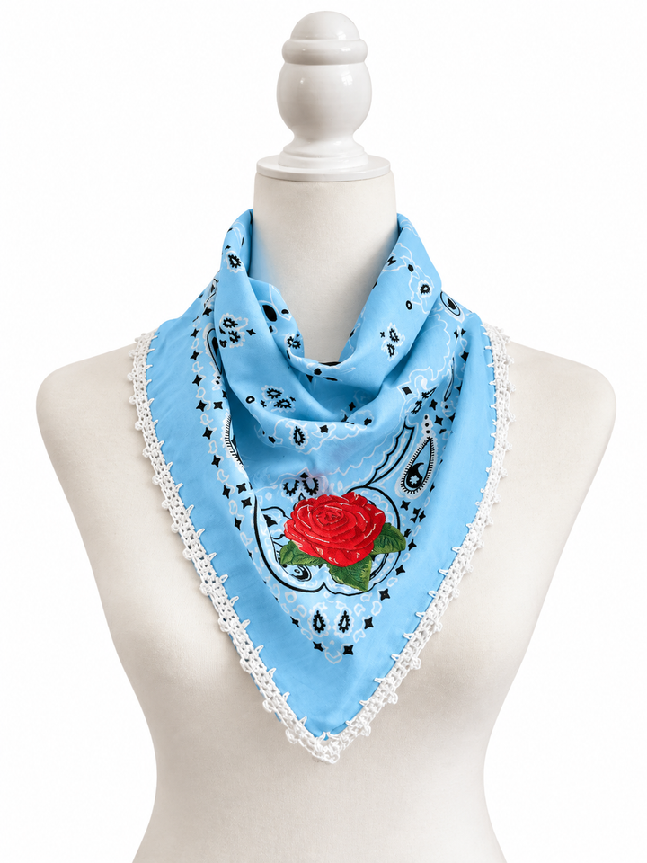 Embroidered Cotton Bandana Blue Paisley Red Rose Crochet Trim Scarf