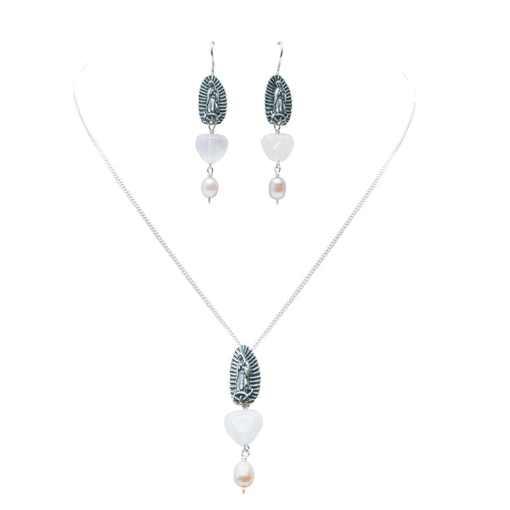 Virgen de Guadalupe silver jewelry set with necklace and earrings handmade in Mexico