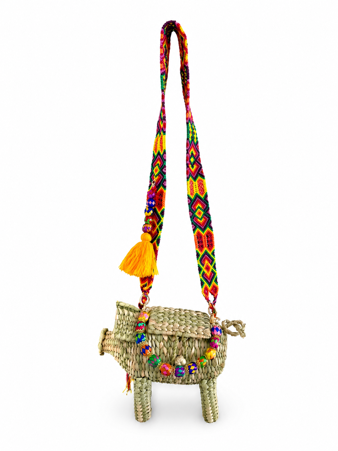Pig Palm Crossbody Bag – Handwoven Straw Animal Bag with Woven Strap