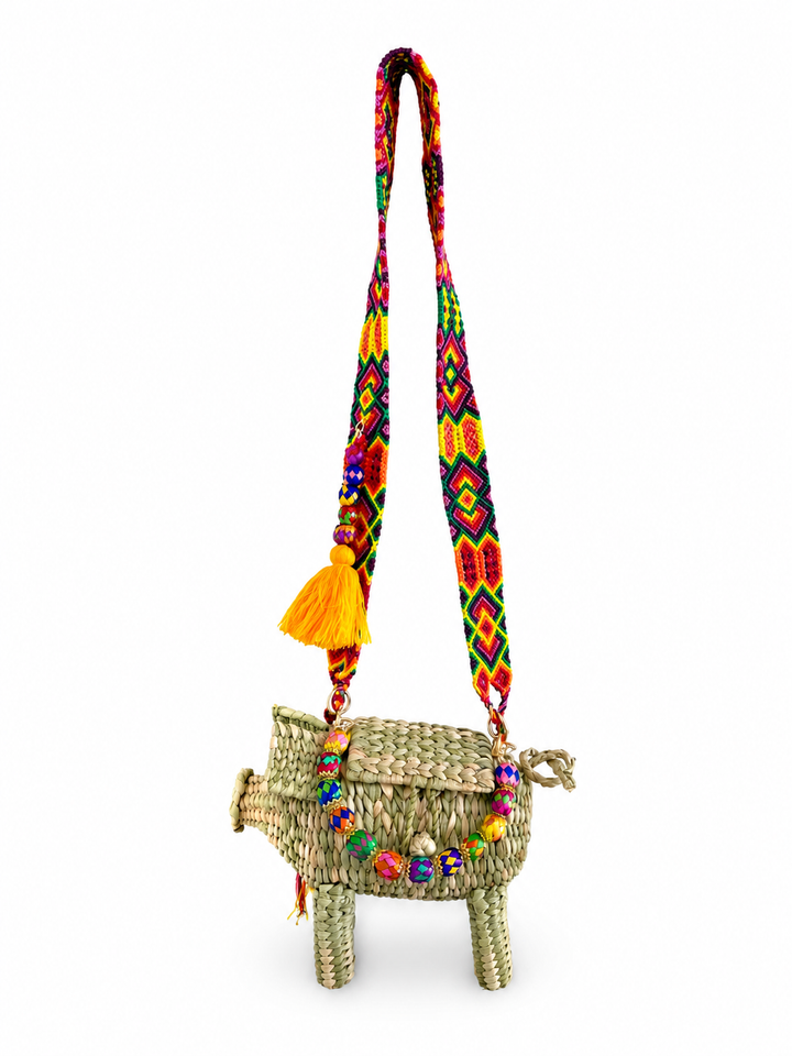 Pig Palm Crossbody Bag – Handwoven Straw Animal Bag with Woven Strap