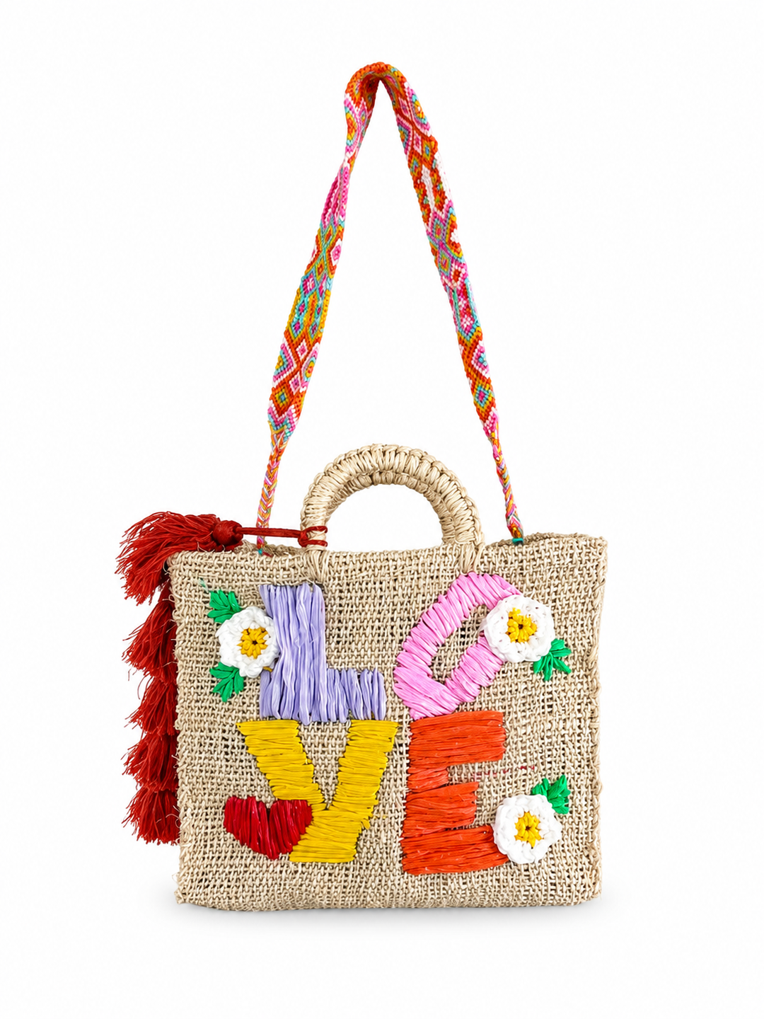 Natural woven Mexican LOVE handbag with floral embroidery, colorful shoulder strap and artisan tassel