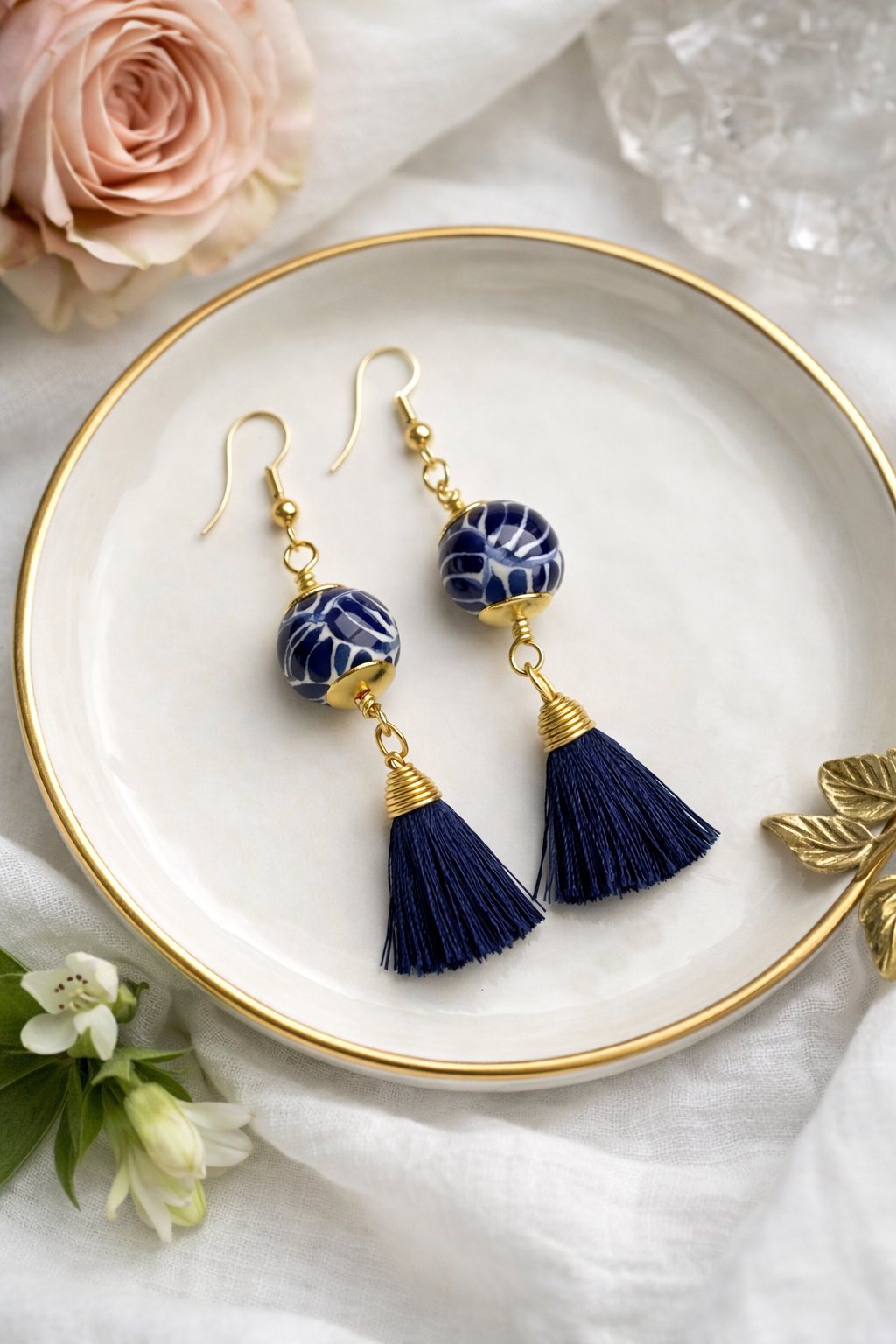 Blue Round Talavera Earrings with Tassels