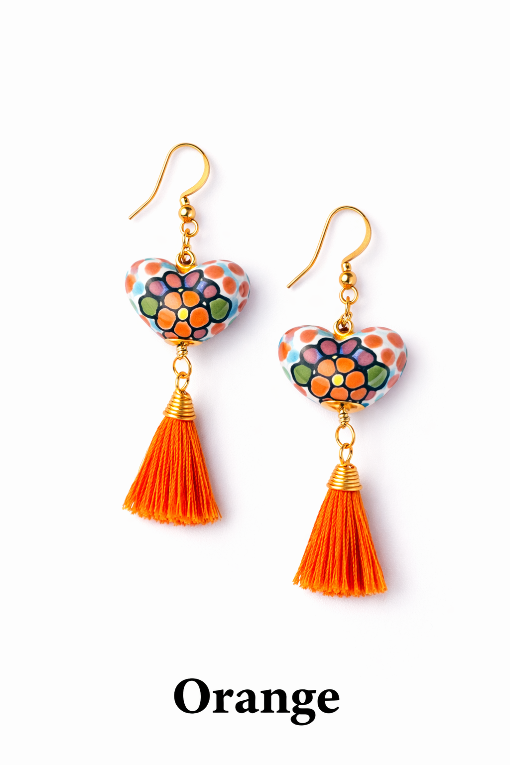 Talavera Pottery Heart Earrings with Colorful Tassels