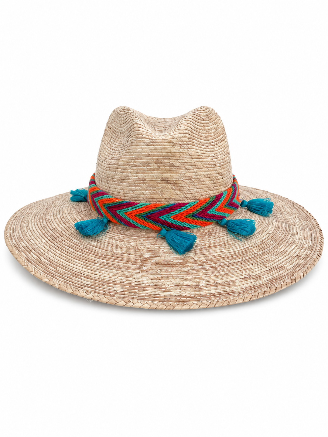 Colombian straw sun hat with colorful Wayuu-style band and blue tassels on white background
