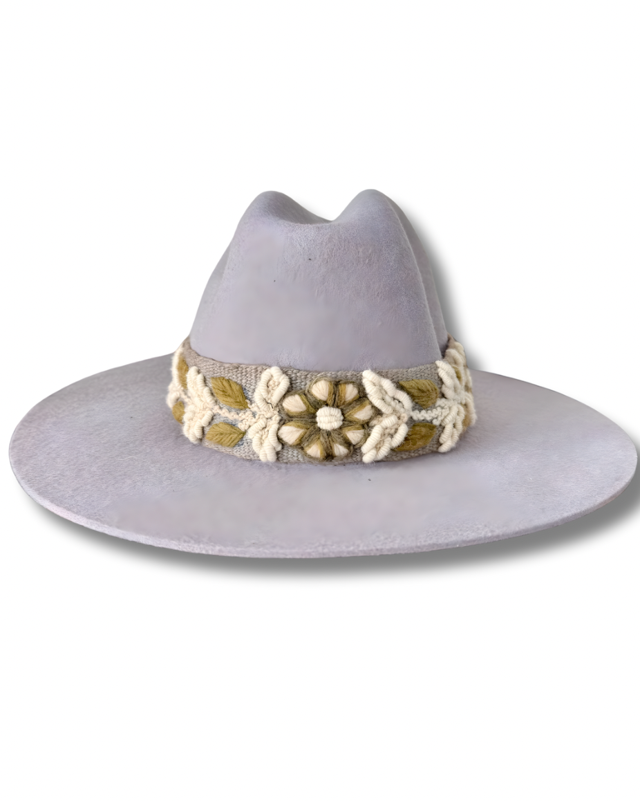 Women’s Wool Felt Fedora Hat with Hand Embroidered Band | Boho Wide Brim Hat