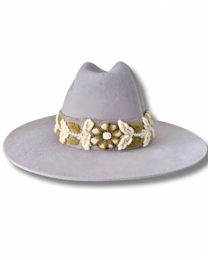 Women’s Wool Felt Fedora Hat with Hand Embroidered Band | Boho Wide Brim Hat
