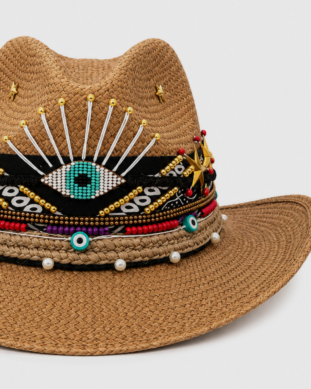 Luxury beach straw hat for women featuring artisan embroidery and western boho styling by Bootsologie