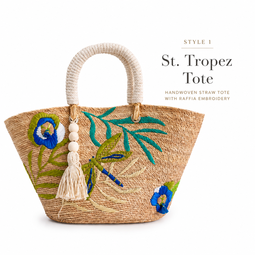 Handmade Embroidered Raffia Tote Bag