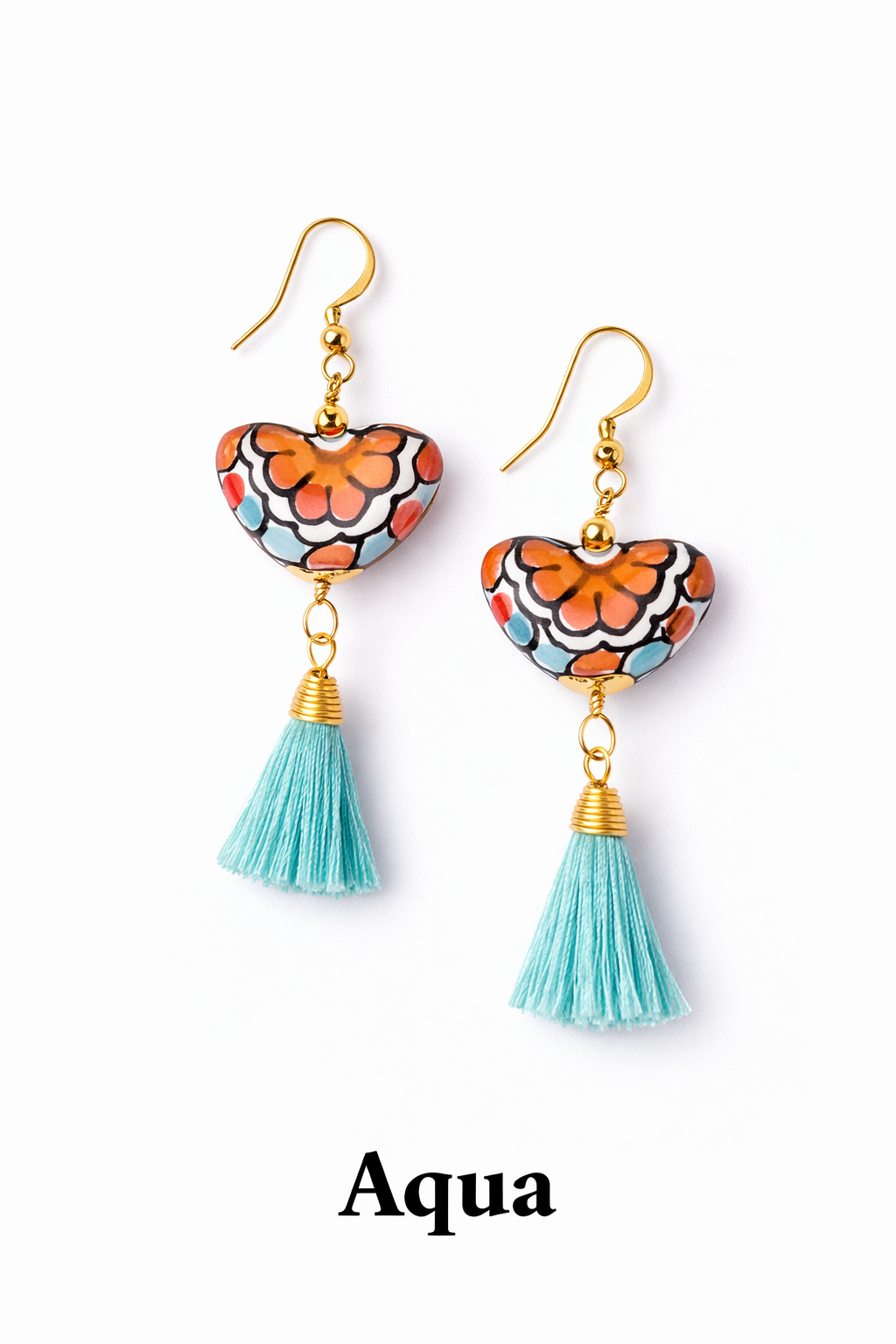 Talavera Pottery Heart Earrings with Colorful Tassels