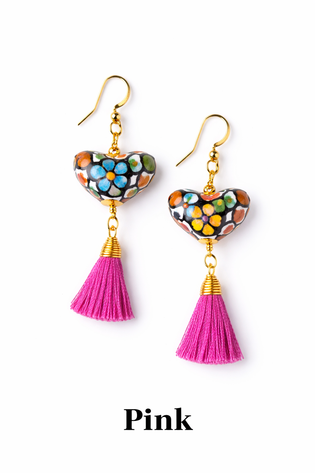 Talavera Pottery Heart Earrings with Colorful Tassels