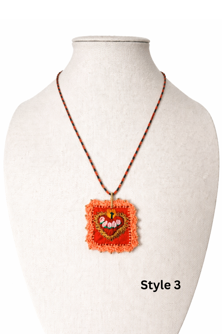 Mexican Milagros Necklace – Hand Embroidered Sacred Heart Jewelry