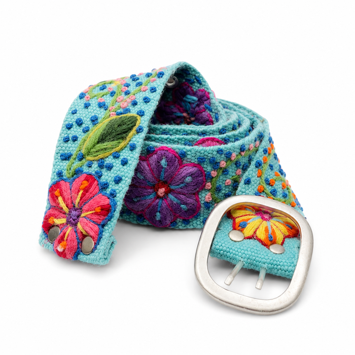 Peruvian Embroidered Wool Belt in Turquoise Floral Design