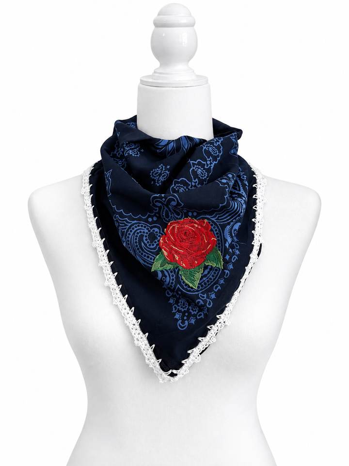 Embroidered Cotton Bandana Blue Paisley Red Rose Crochet Trim Scarf