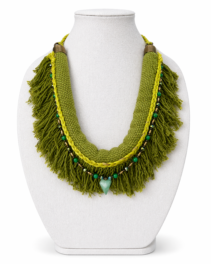 Boho Fringe Statement Necklace – Handmade Textile Bib Necklace