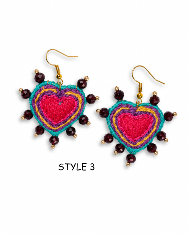 Hand Embroidered Sacred Heart Earrings – Mexican Milagros Boho Statement Earrings