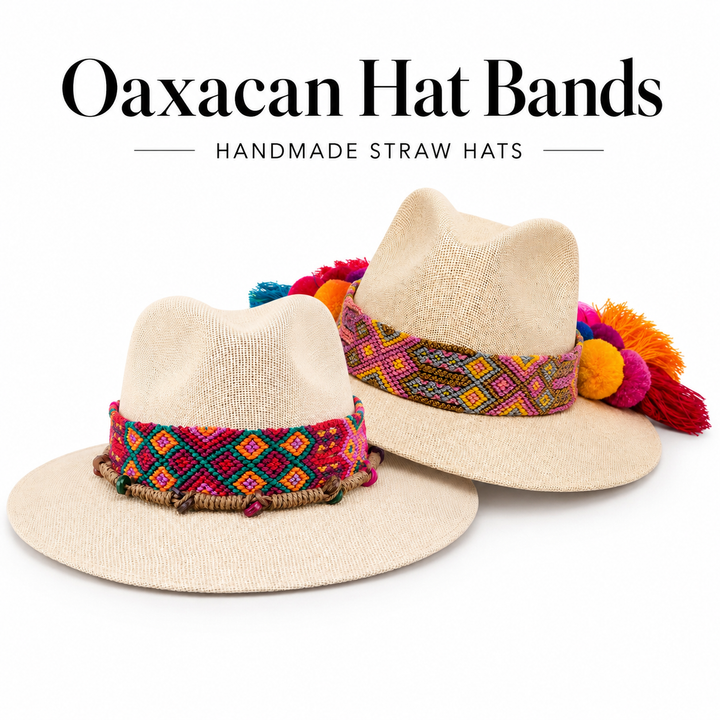 Mexican Painted Canvas Sun Hat for Women | Pom Pom Wide Brim Hat
