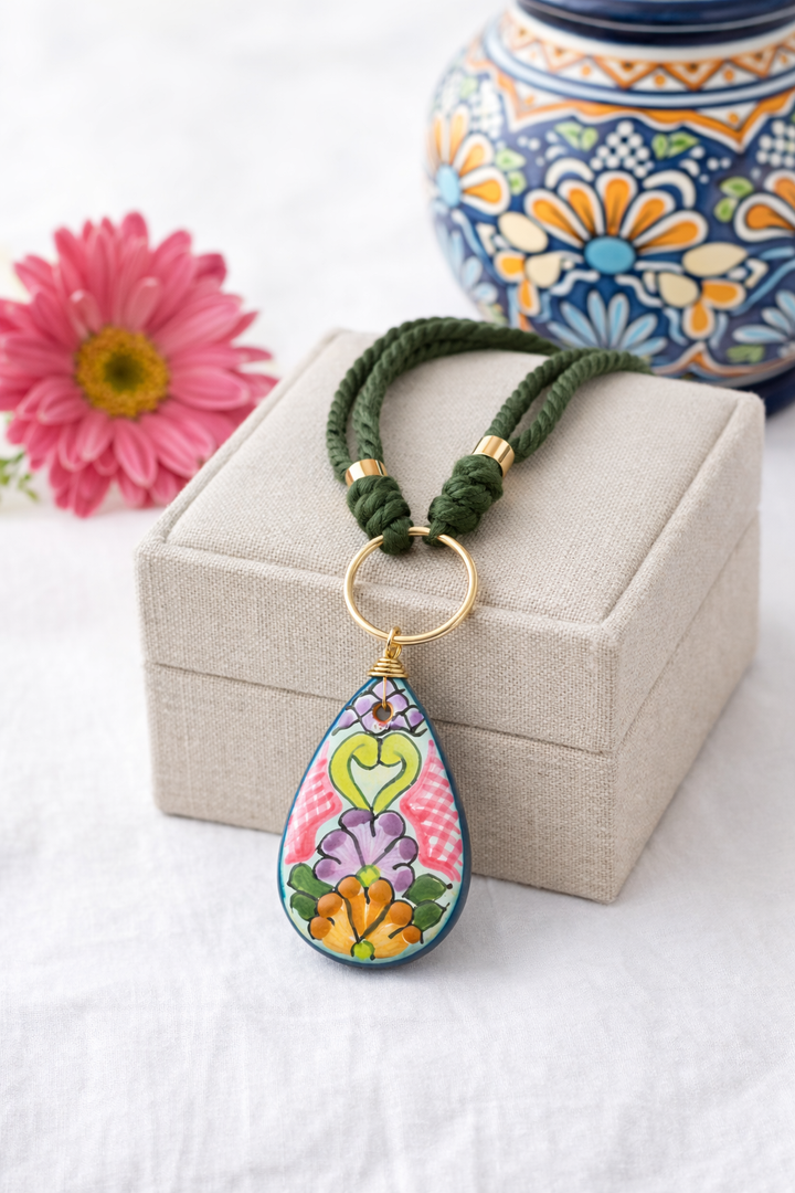 Handmade Colorful Talavera Drop Necklace from Puebla