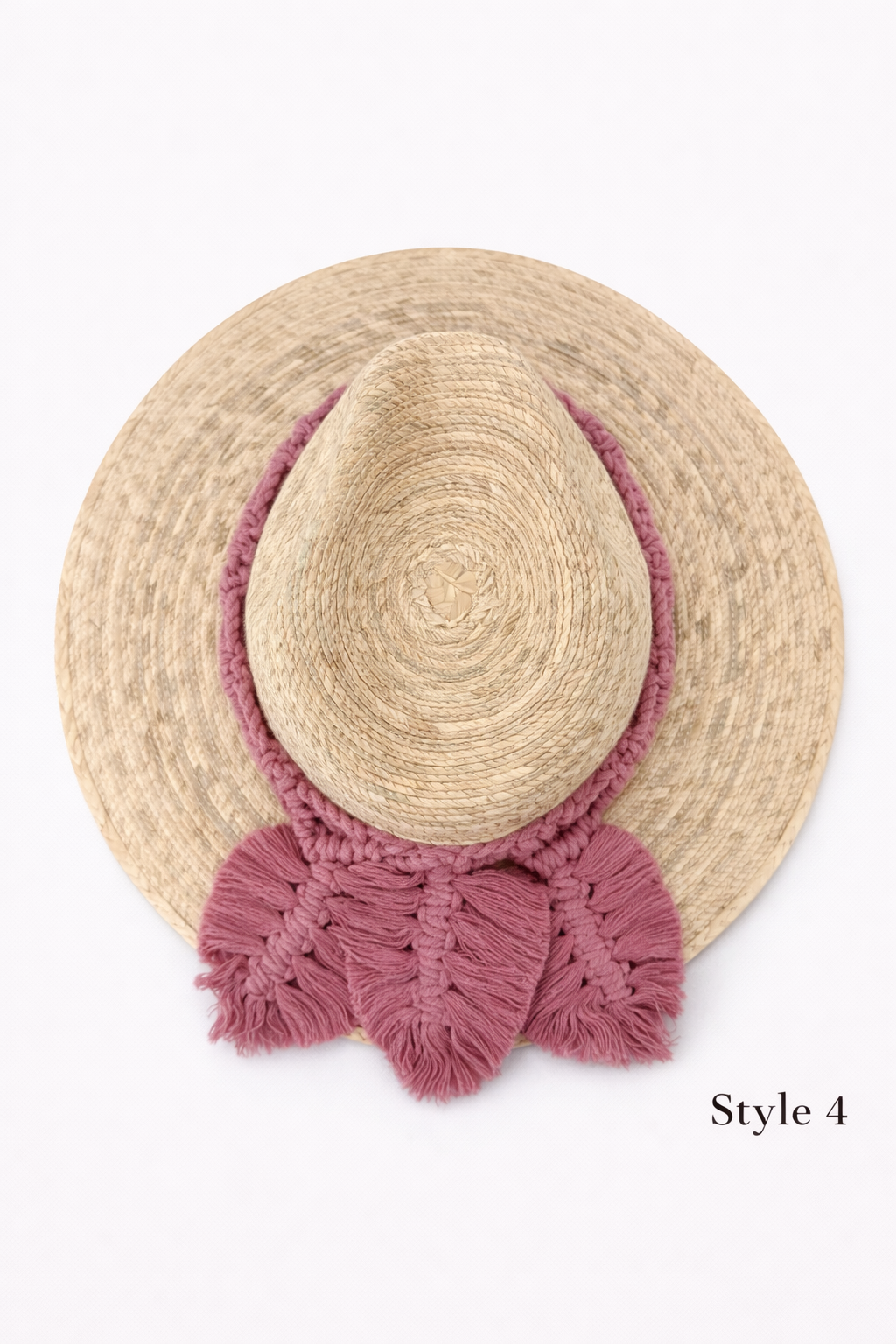 Natural straw wide brim hat with macrame leaf tassel detail, boho chic beach hat by Bootsologie on white background