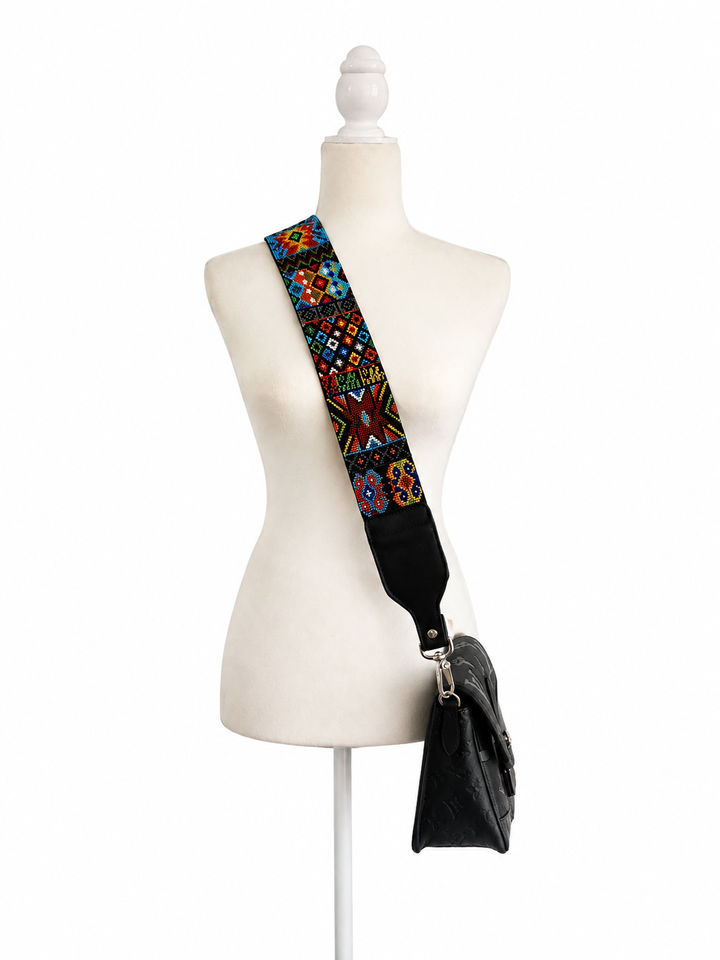 Huichol Beaded Purse Strap with Genuine Black Leather