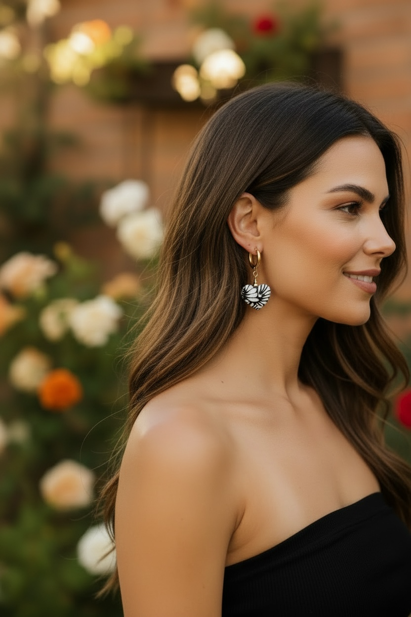 Handmade Black Talavera Heart Earrings from Puebla