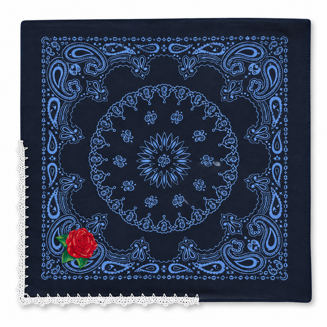 Embroidered Cotton Bandana Blue Paisley Red Rose Crochet Trim Scarf