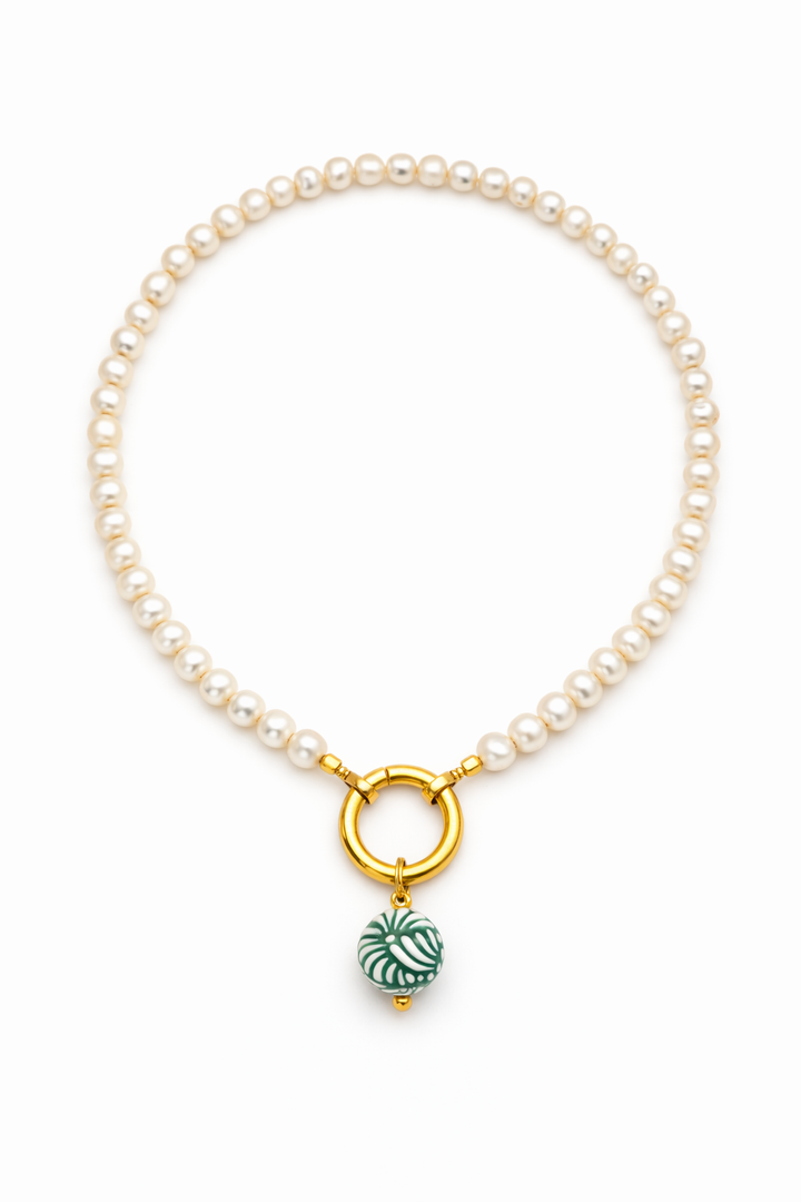 Single Green Talavera Bead &amp; Pearl Necklace