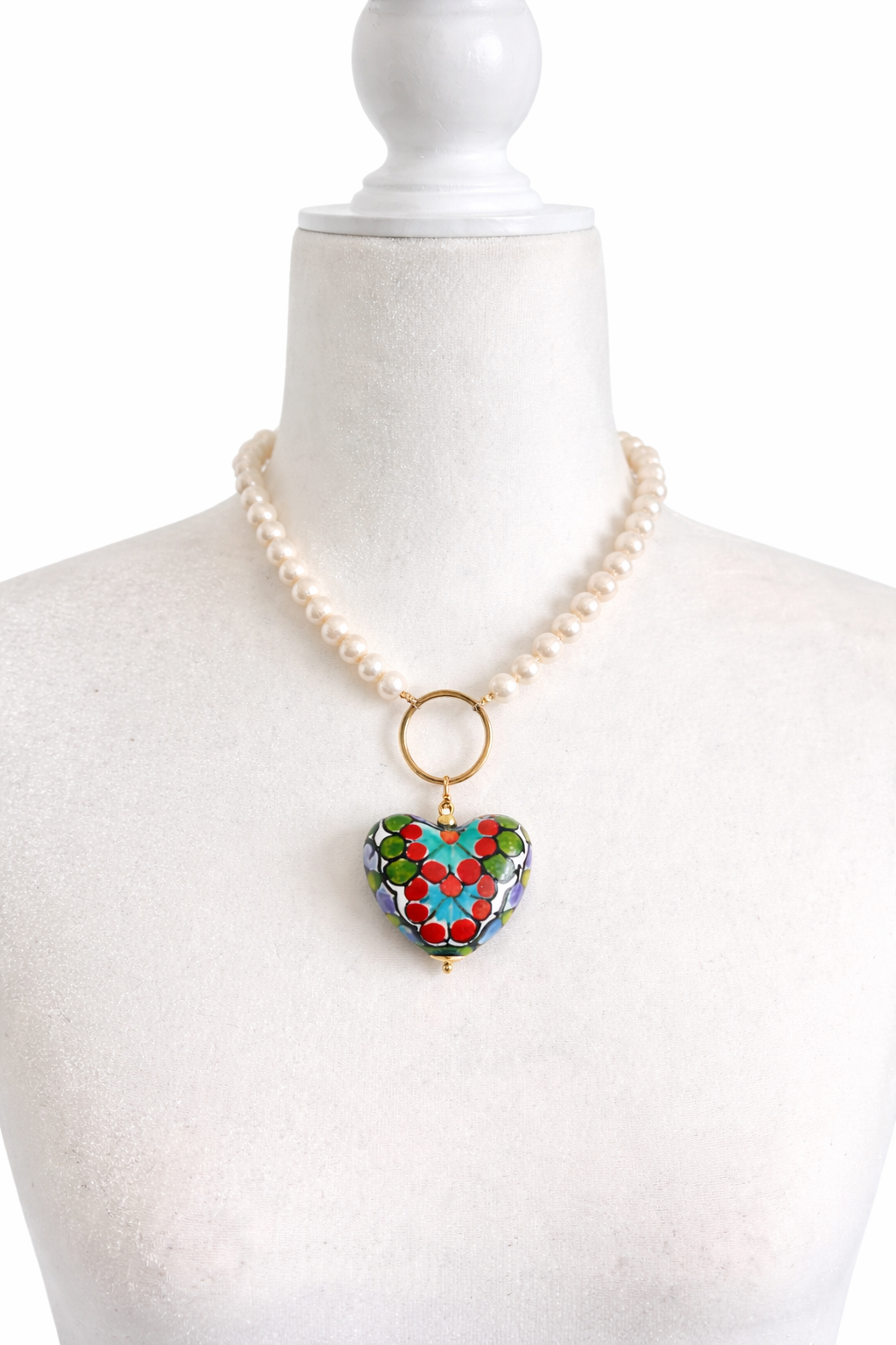 Pearl Necklaces with Talavera Heart Pendants