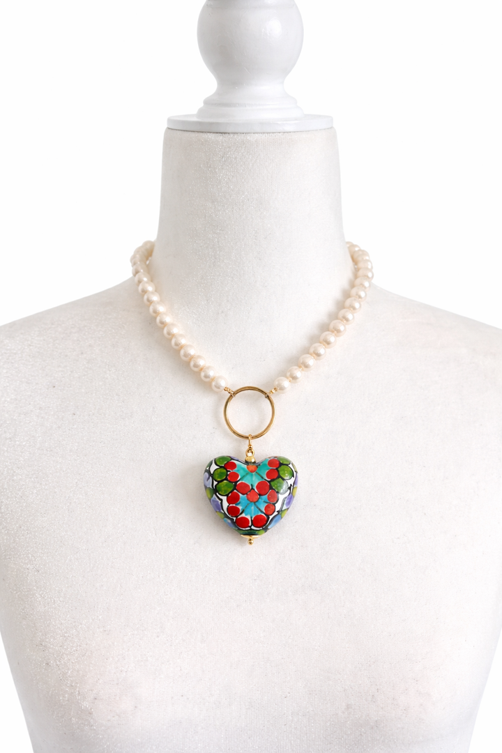 Pearl Necklaces with Talavera Heart Pendants