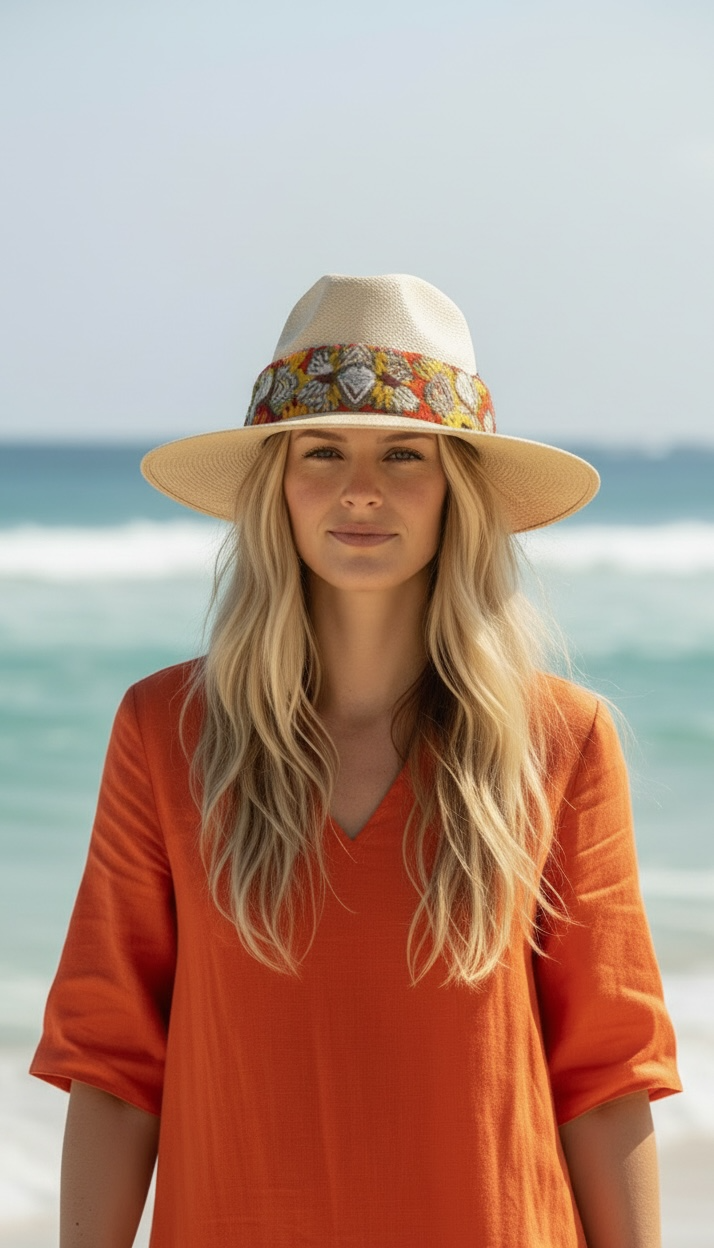 Model wearing handmade straw fedora hat with colorful Oaxacan knitted band and heart charms