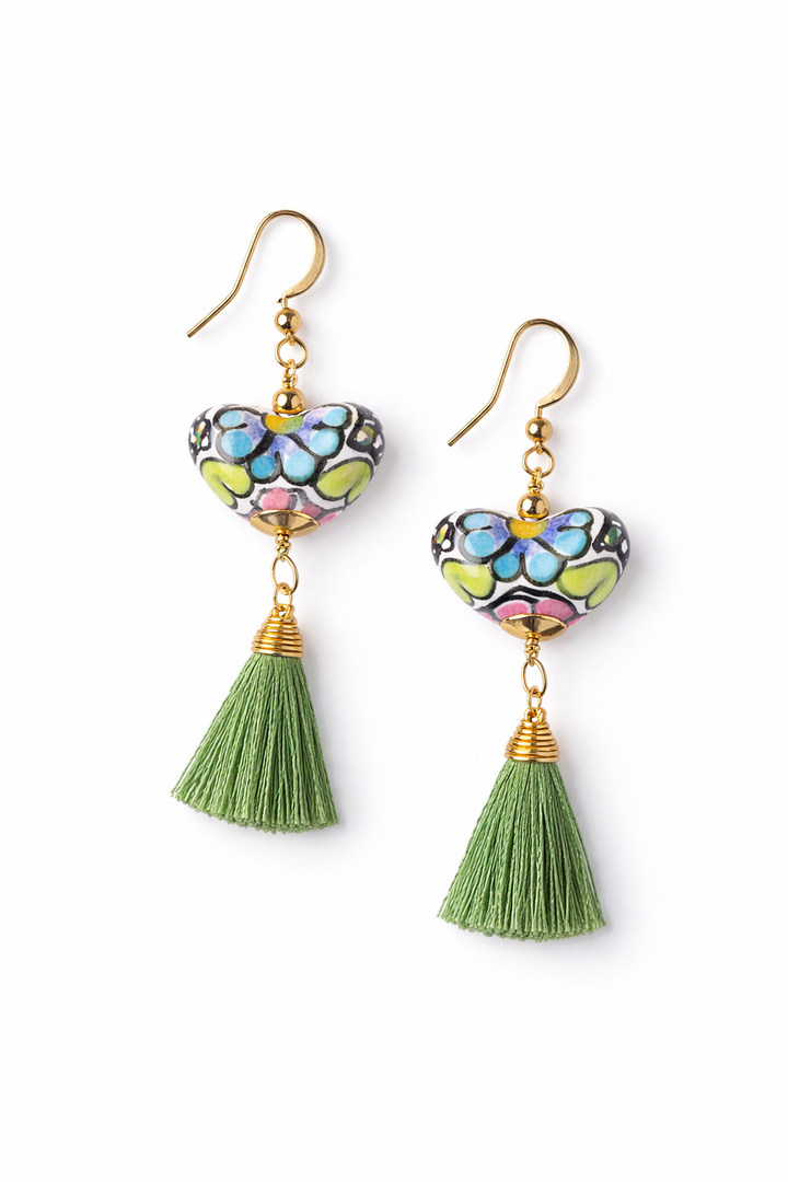 Talavera Pottery Heart Earrings with Colorful Tassels