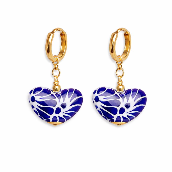 Blue Talavera Heart Earrings from Puebla Mexico