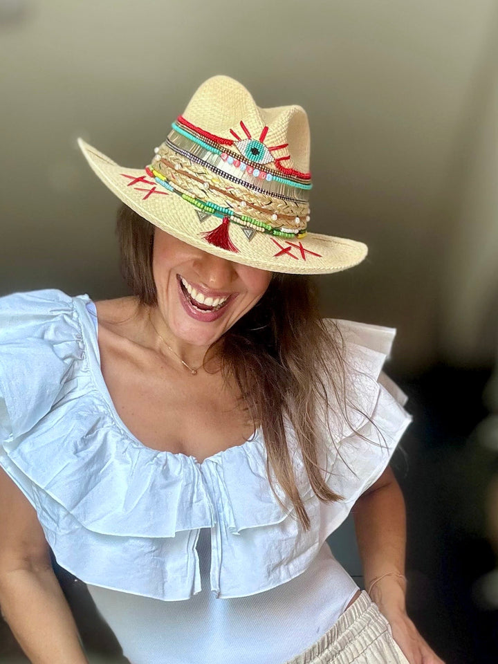 Luxury White Colombian Evil Eye Straw Hat