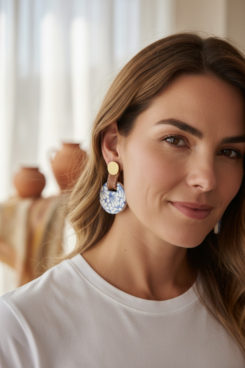 Puebla Talavera Pottery Earrings with Genuine Leather Accents