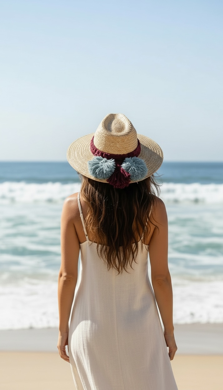 Woman wearing wide brim straw sun hat with macrame band, boho summer beach hat styled on model by Bootsologie
