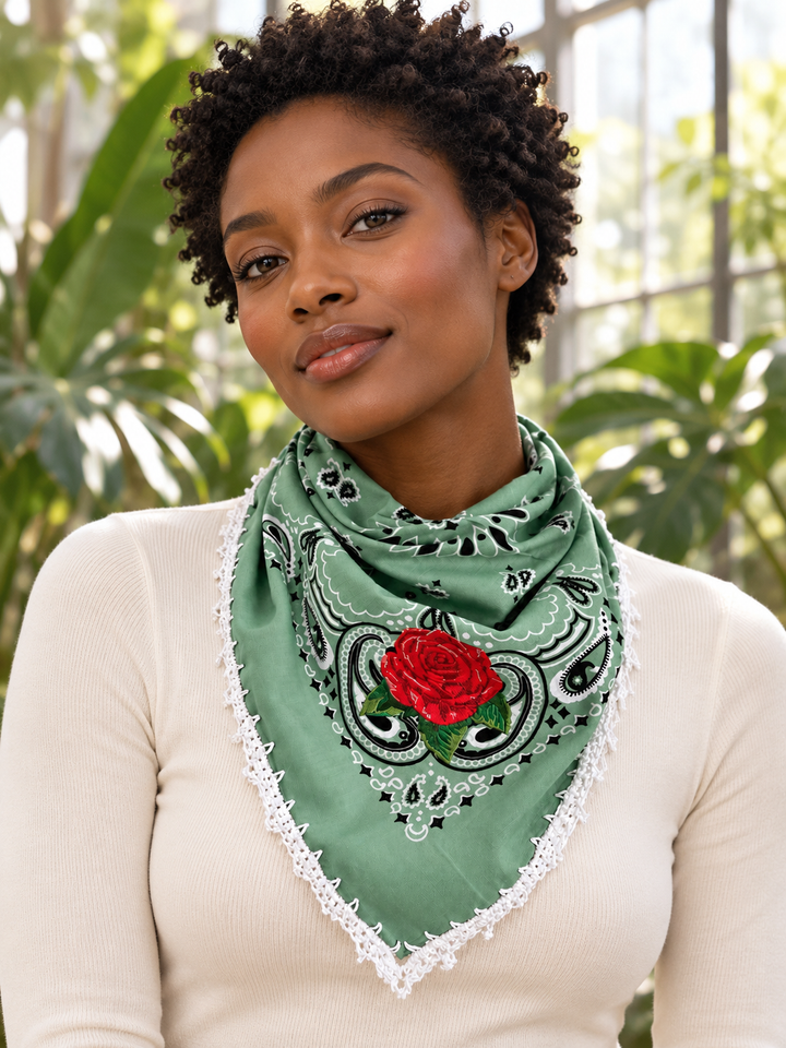 Embroidered Cotton Bandana Blue Paisley Red Rose Crochet Trim Scarf