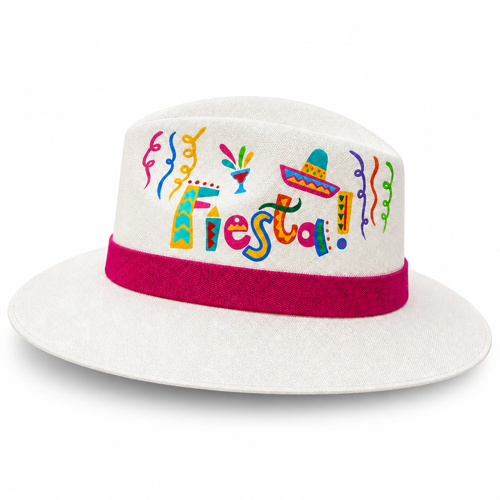 Handmade Mexican Fiesta hat with hand painted party motifs, bright fuchsia band, structured wide brim, and colorful boho vacation style by Bootsologie