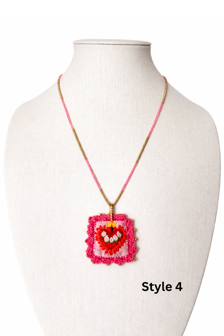 Mexican Milagros Necklace – Hand Embroidered Sacred Heart Jewelry