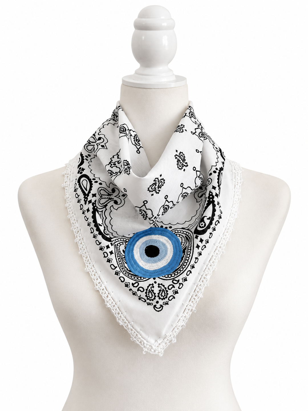Embroidered Evil Eye Bandana – Cotton Paisley Scarf with Crochet Trim