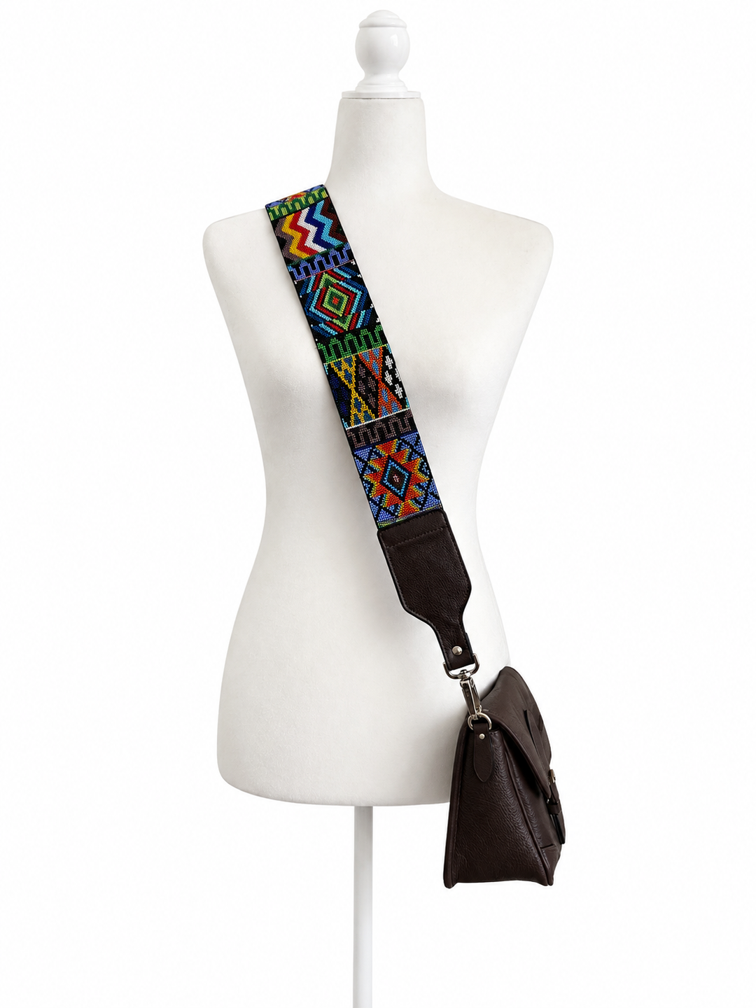 Huichol Beaded Purse Strap with Genuine Brown Leather