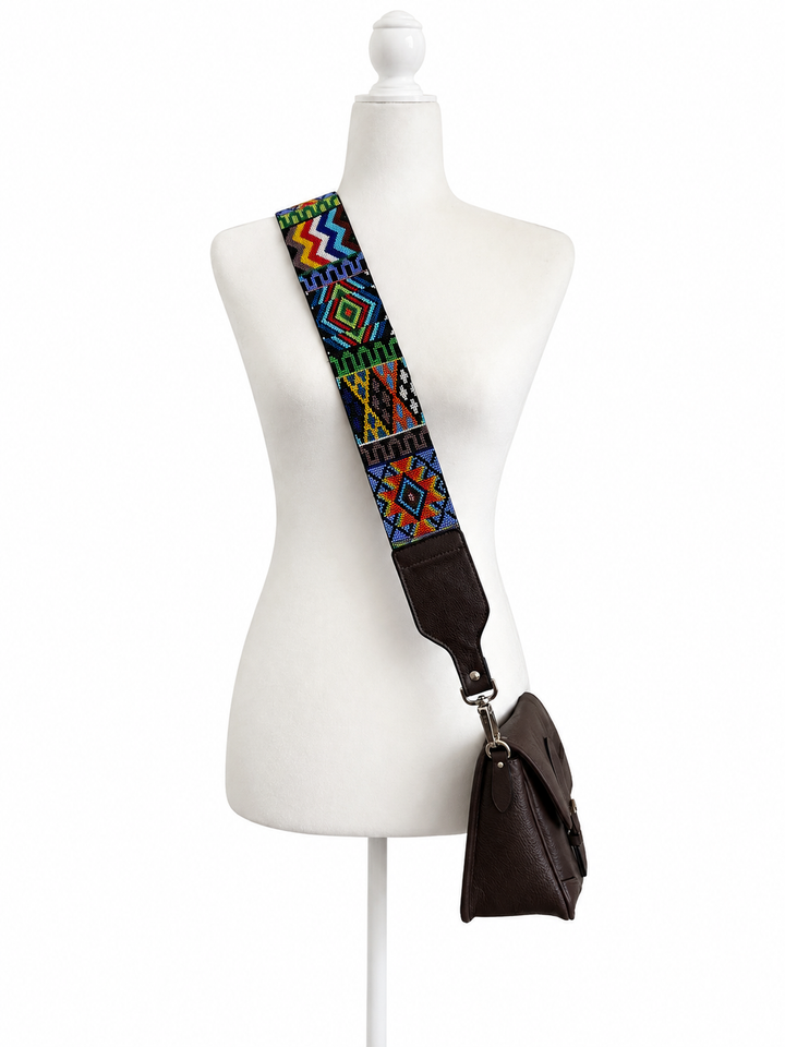 Huichol Beaded Purse Strap with Genuine Brown Leather