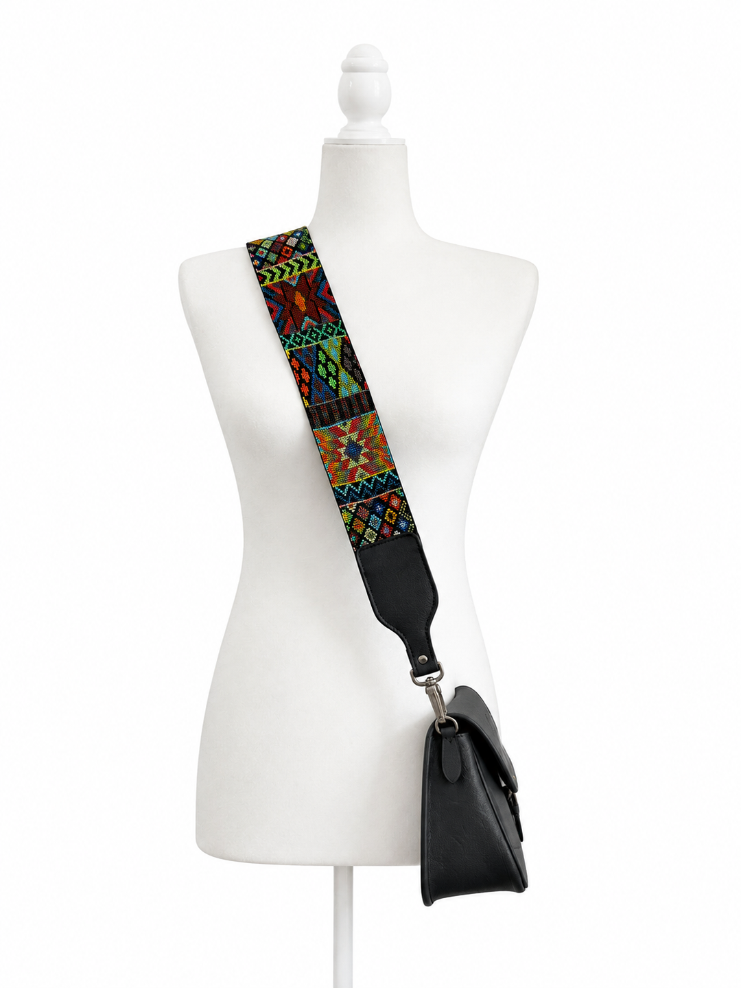 Huichol Beaded Purse Strap with Genuine Black Leather