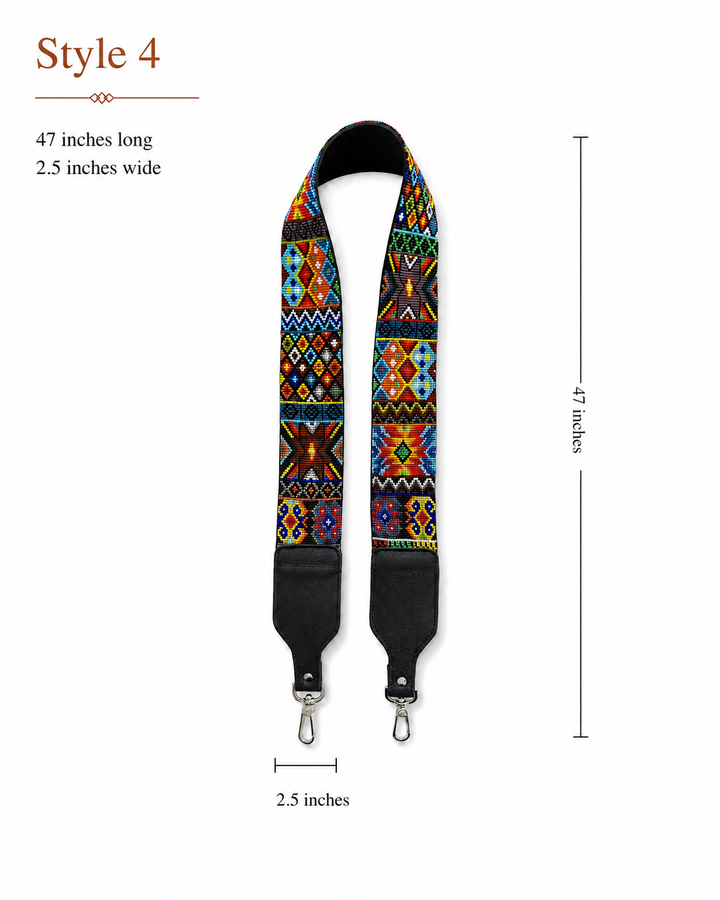 Huichol Beaded Purse Strap with Genuine Black Leather
