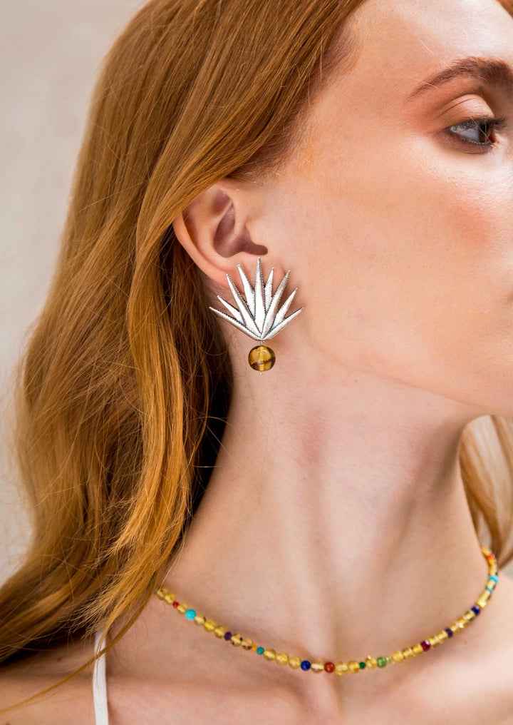 Mexican Silver Agave Earrings with Amber – Nature Inspired Statement Jewelry