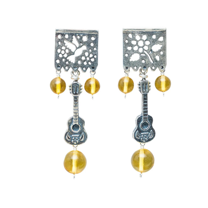 Mexican Silver Papel Picado Guitar Earrings