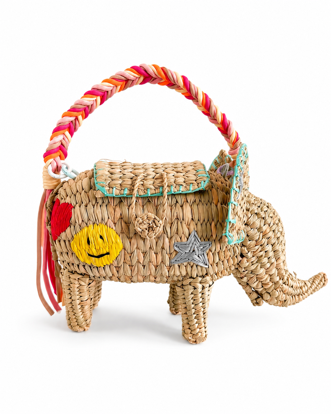 Hand embroidered elephant straw bag clutch with colorful braided handle and woven animal silhouette on white background.