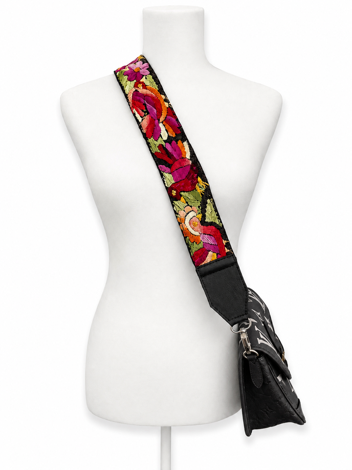 Guatemalan Embroidered Bag Strap with Black Ends