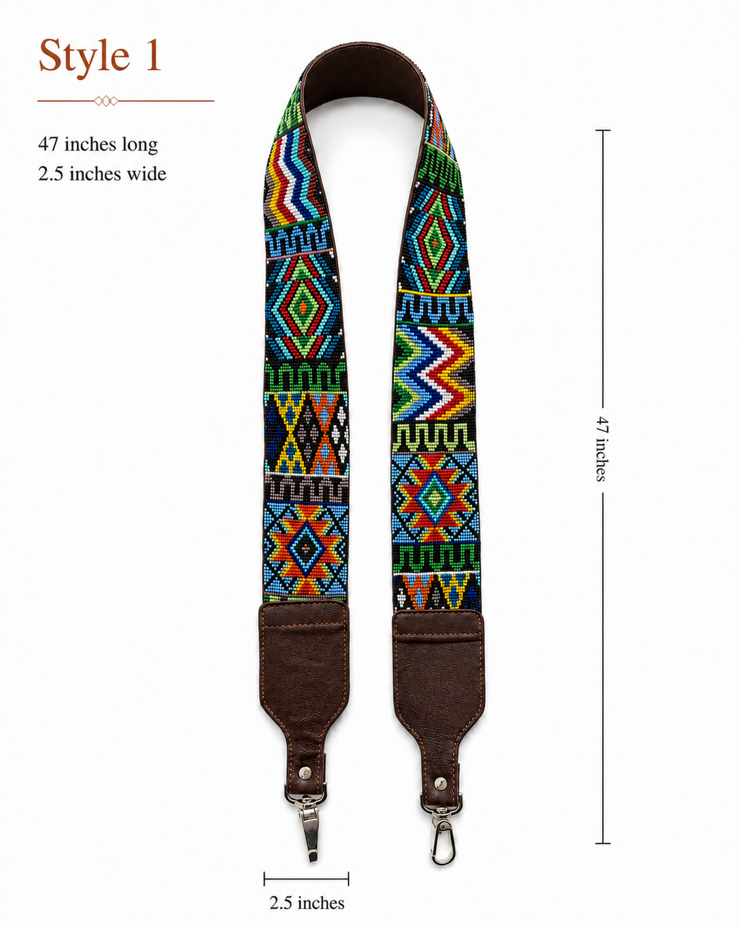 Huichol Beaded Purse Strap with Genuine Brown Leather