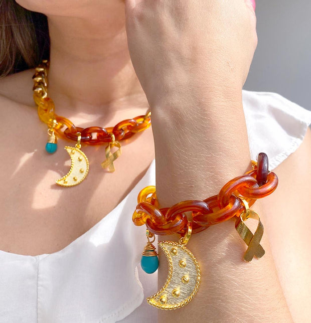 Colombian Crescent Moon Bracelet: Acrylic and Gold Pleated Charms Bracelet