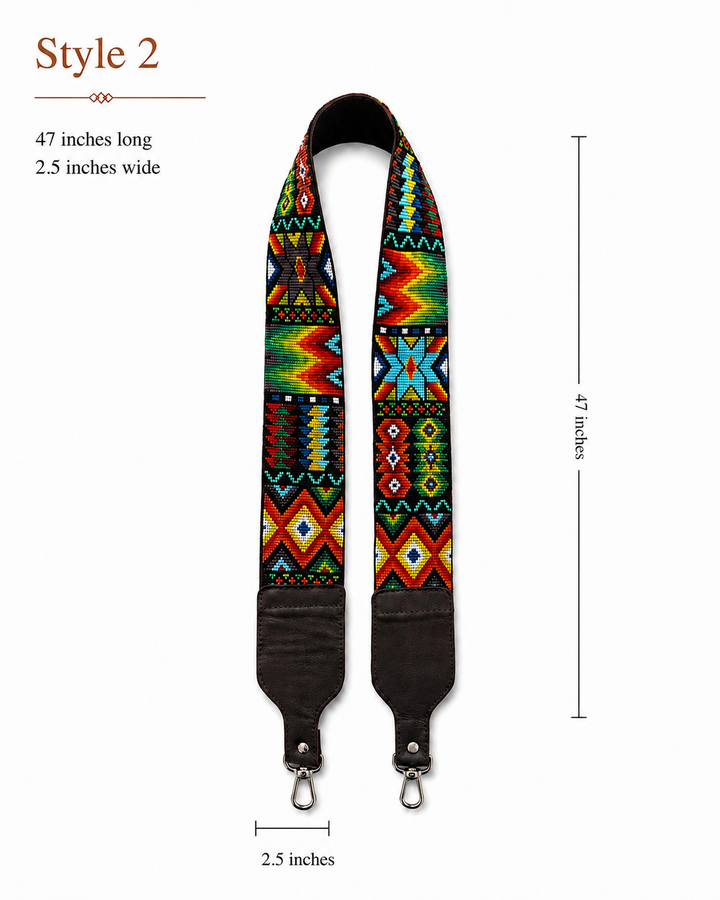 Huichol Beaded Purse Strap with Genuine Brown Leather