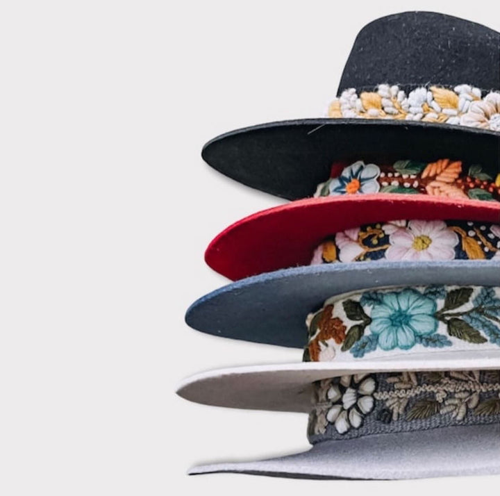 Women’s Wool Felt Fedora Hat with Hand Embroidered Band | Boho Wide Brim Hat